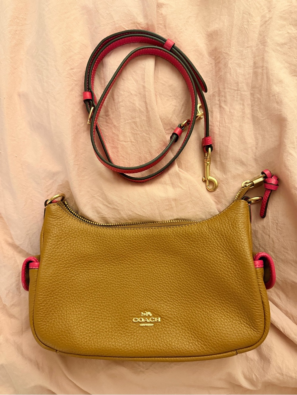 Coach pennie Pebbled Leather Crossbody Bag in cognac with Pink Trim c8156
